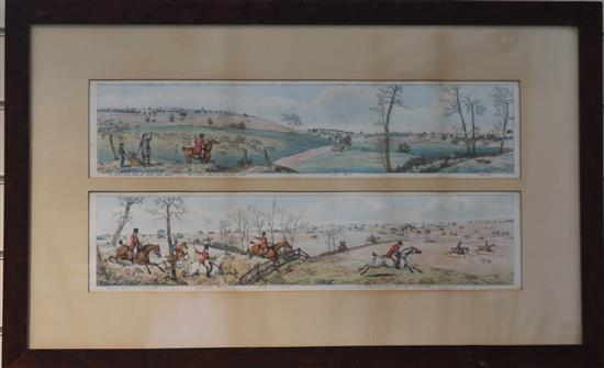 A set of six late 19th century hunting prints, each 13 x 57cm, framed as three